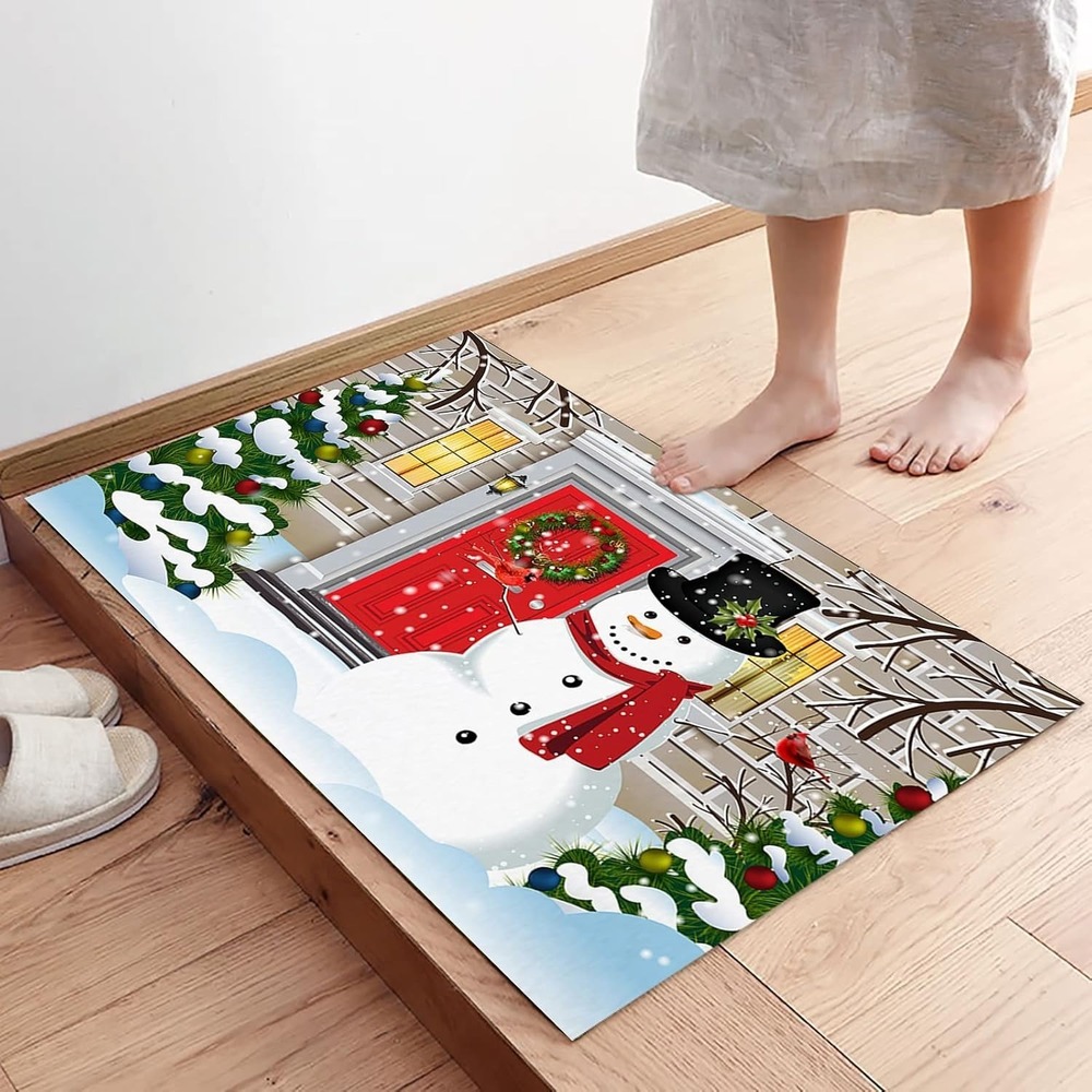 Non-Slip Doormat Absorbent Welcome Mat Merry Christmas Cute Snowman Berry Xmas